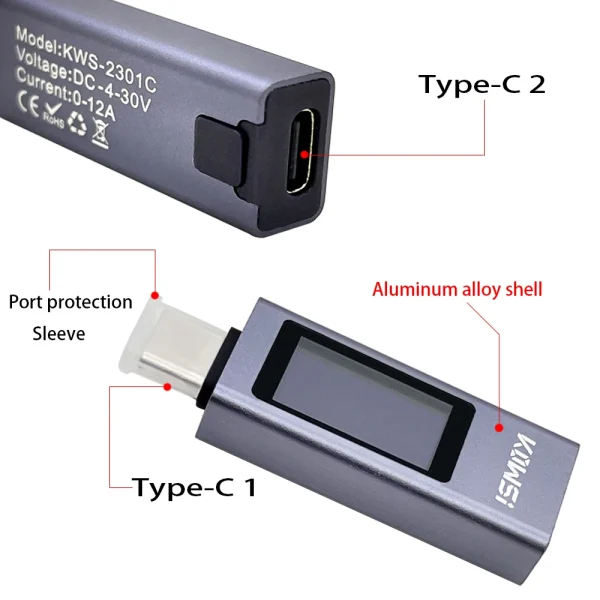 Tester USB 11 in 1 type C 4-30V 12A dublu sens ampermetru voltmetru digital - imagine 4