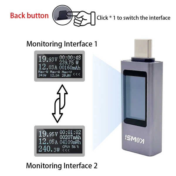 Tester USB 11 in 1 type C 4-30V 12A dublu sens ampermetru voltmetru digital - imagine 6