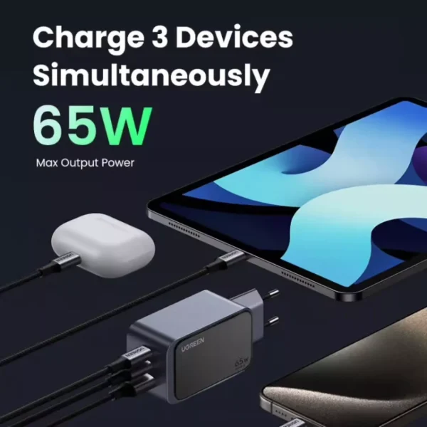 Incarcator retea Ugreen Nexode Air 65W 2x USB-C 1x USB-A GaN Fast Charger Gri/Negru - imagine 2