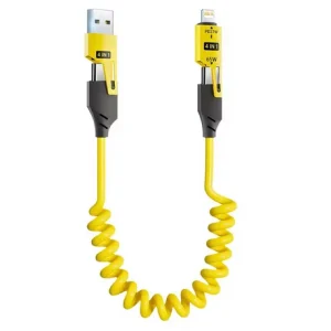 Cablu date/incarcare telefon 4 in 1 65W 6A Usb type C iphone lightning telescopic galben